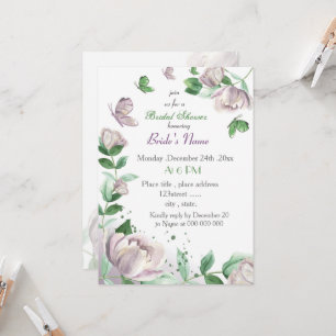 purple flowers & leaves butterflies bridal shower invitation