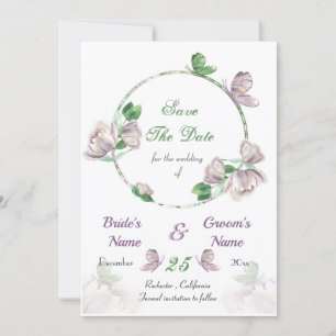 purple flowers & leaves butterflies save the date  invitation