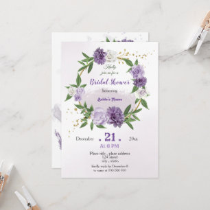 purple flowers & leaves wreath bridal shower invitation