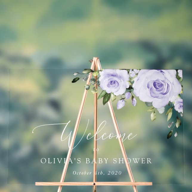 Purple Flowers, Lilac Flowers, Baby Shower Welcome Acrylic Sign (Neutral)