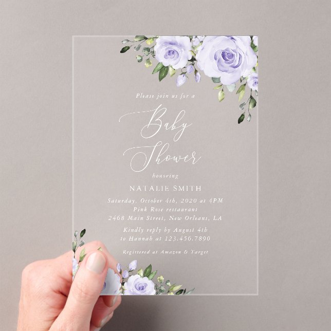 Purple Flowers, Lilac Flowers, Boho, Baby Shower Acrylic Invitations (Insitu (Handheld))