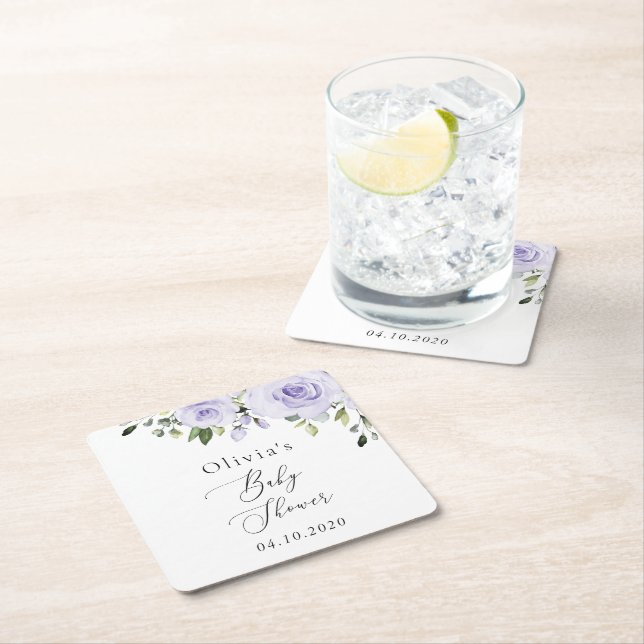 Purple Flowers, Lilac Flowers, Boho, Baby Shower Square Paper Coaster (Insitu)