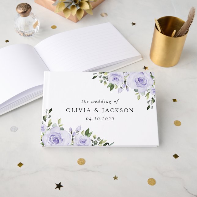 Purple Flowers, Lilac Flowers, Floral Wedding Guest Book (Front Open)
