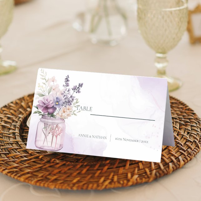 Purple Flowers Mason Jar Floral Wedding Reception  Place Card (Purple Flowers Mason Jar Floral Wedding Reception Place Card)