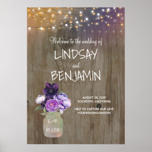 Purple Flowers Mason Jar Rustic Wedding Welcome Poster