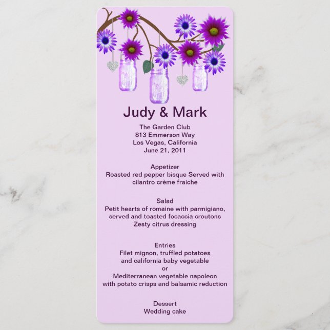 Purple Flowers Mason Jars Menu Card (Front)
