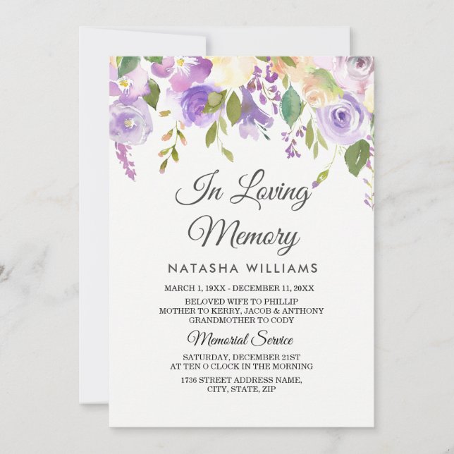 Purple Flowers Memorial Announcement Service (Front)