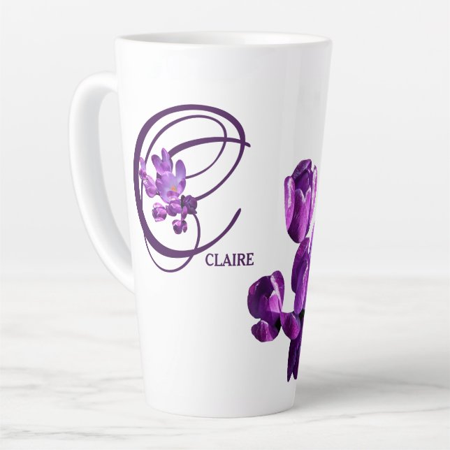 Purple flowers monogram C personalised customizabe Latte Mug (Left Angle)