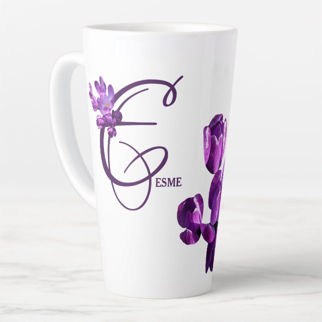Purple flowers monogram E personalise customisable Latte Mug (Left Angle)