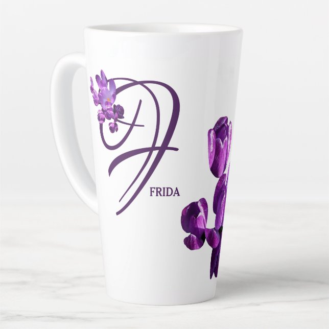 Purple flowers monogram F personalise customisable Latte Mug (Left Angle)