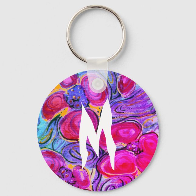 Purple Flowers Monogram Fantasy Key Ring (Front)