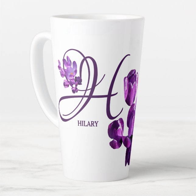Purple flowers monogram H personalise customisable Latte Mug (Left Angle)