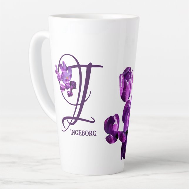 Purple flowers monogram I personalise customisable Latte Mug (Left Angle)