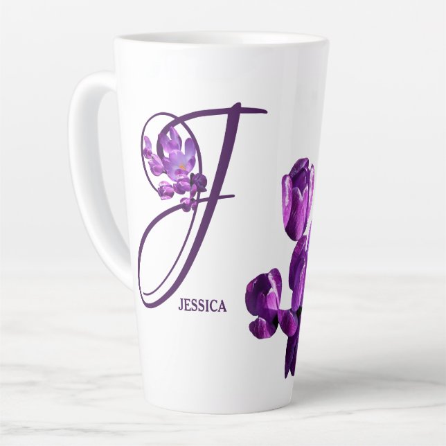 Purple flowers monogram J personalise customisable Latte Mug (Left Angle)