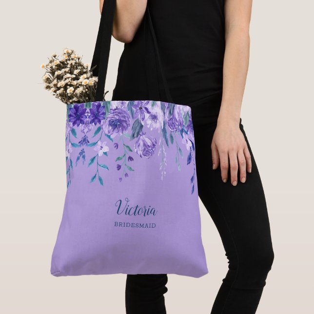 Purple Flowers Monogrammed Tote Bag (Close Up)