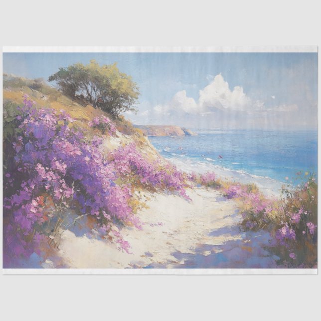 Purple Flowers on the Beach Decoupage Tissue Paper (Front)