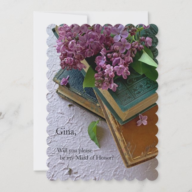 Purple flowers on vintage books announcement (Front)
