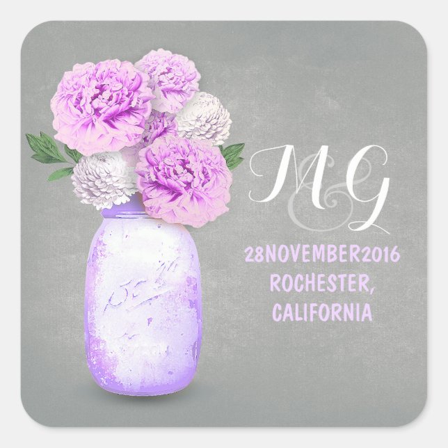 Purple flowers painted mason jar wedding stickers (Front)