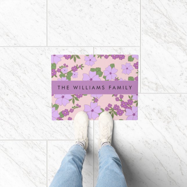 Purple Flowers, Pattern Of Flowers, Your Name Doormat (Indoor)