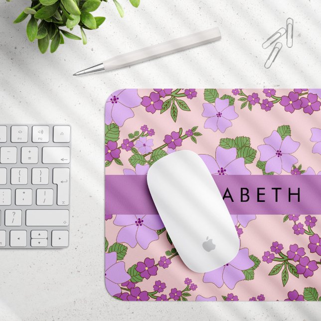 Purple Flowers, Pattern Of Flowers, Your Name Mouse Pad (Creator Uploaded)