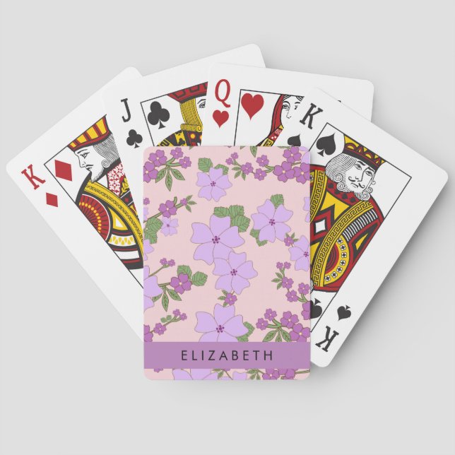 Purple Flowers, Pattern Of Flowers, Your Name Playing Cards (Back)