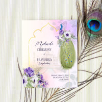 Purple flowers peacock budget mehndi invitation