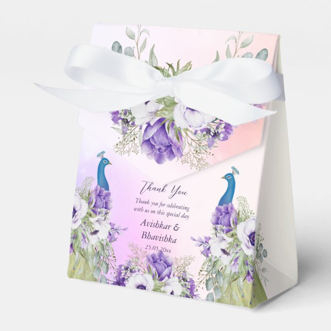 Purple flowers peacock wedding favour gift  box (Front Side)