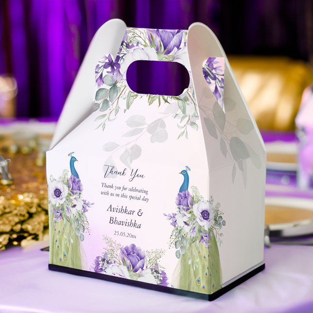 Purple flowers peacock wedding favour gift  favour box (Purple flowers peacocks  wedding favor gifts personalized printed  favor box template)
