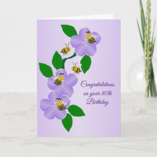 Purple Flowers Personalised 80th Birthday Card
