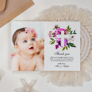 Purple Flowers Photo Baptism Thank You Card