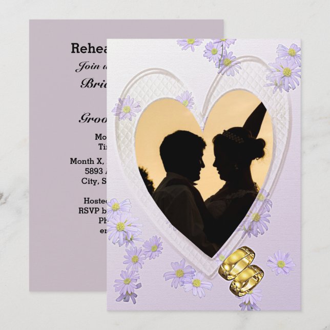 Purple Flowers, Photo in Heart Rehearsal Dinner Invitation (Front/Back)