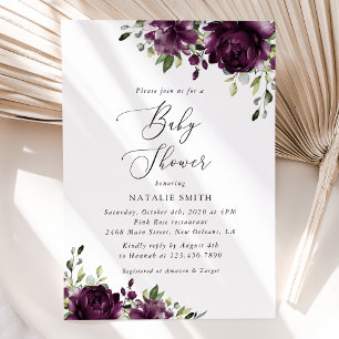 Purple Flowers, Plum Flowers, Boho, Baby Shower Invitation