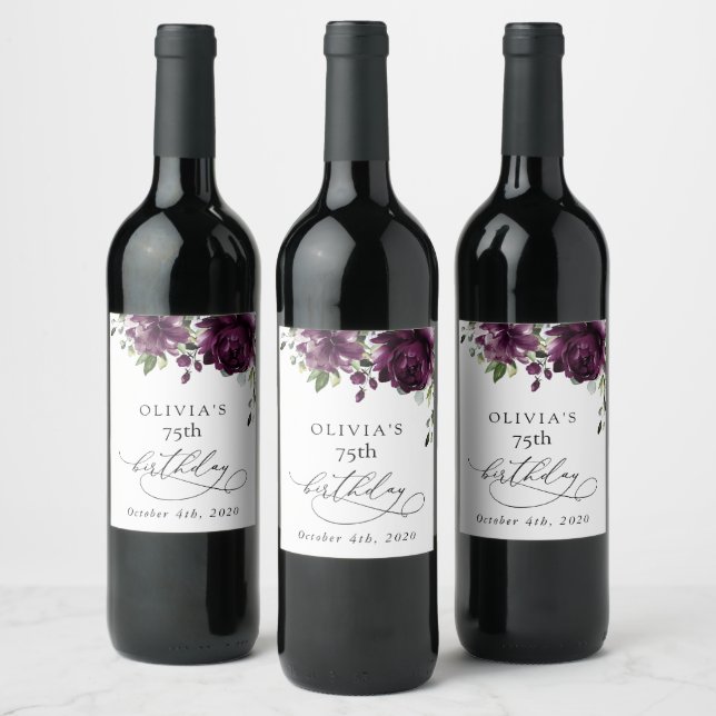 Purple Flowers, Plum Flowers, Boho, Birthday Wine Label (Bottles)