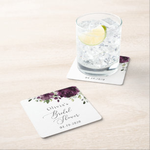 Purple Flowers, Plum Flowers, Boho, Bridal Shower Square Paper Coaster