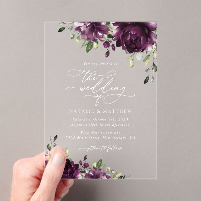 Purple Flowers, Plum Flowers, Boho, Floral Wedding Acrylic Invitations (Insitu (Handheld))