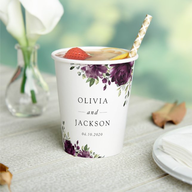 Purple Flowers, Plum Flowers, Boho, Floral Wedding Paper Cups (Insitu)