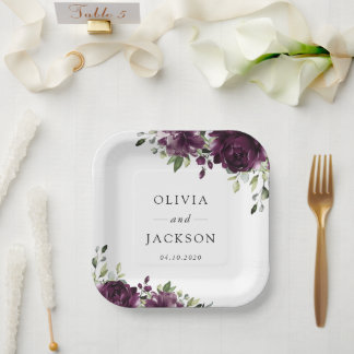Purple Flowers, Plum Flowers, Boho, Floral Wedding Paper Plate