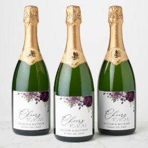 Purple Flowers, Plum Flowers, Boho, Floral Wedding Sparkling Wine Label