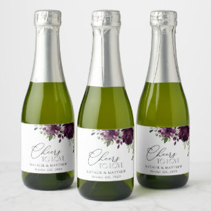 Purple Flowers, Plum Flowers, Boho, Floral Wedding Sparkling Wine Label