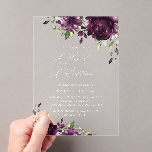 Purple Flowers, Plum Flowers, Boho, Sweet 16 Acrylic Invitations (Insitu (Handheld))