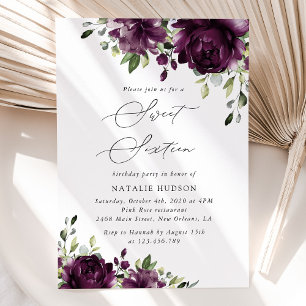 Purple Flowers, Plum Flowers, Boho, Sweet 16 Invitation