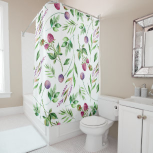Purple Flowers & Red Berries Pattern Shower Curtain