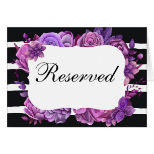 Purple flowers reserved sign. Wedding striped