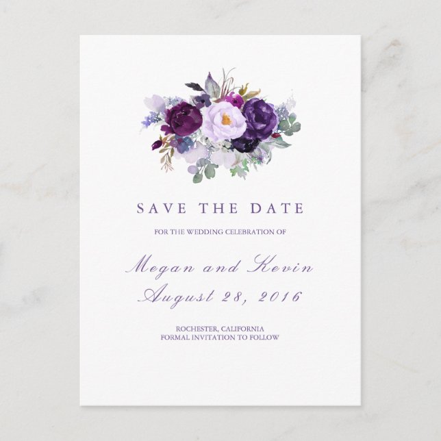 Purple Flowers Romantic Save the Date Announcement Postcard (Front)