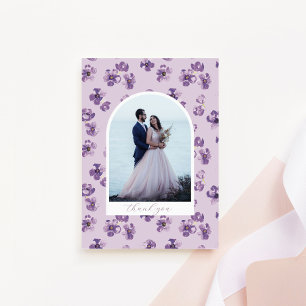 Purple Flowers Romantic Script Arch Photo Thank You Card