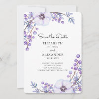 Purple flowers save the date. Botanical wedding