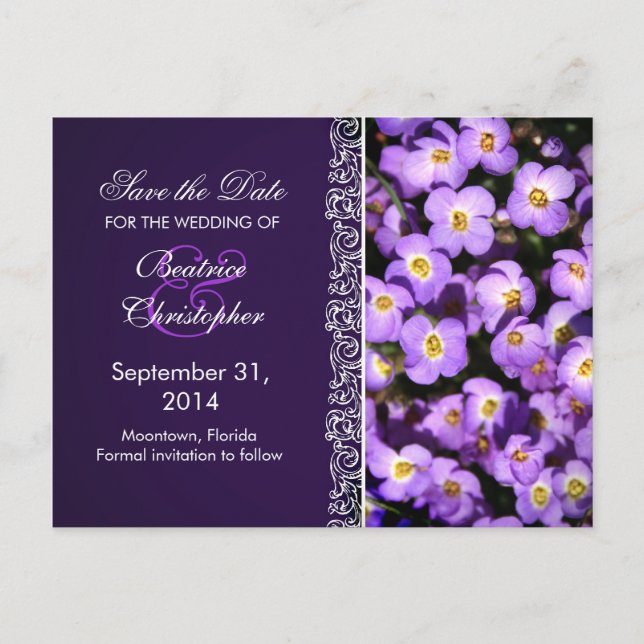 purple flowers save the date postcards (Front)