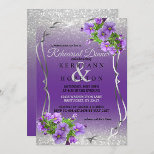 Purple Flowers & Silver Glitter - Rehearsal Dinner Invitation