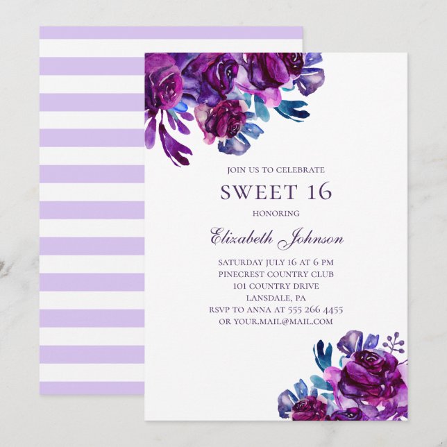 Purple flowers Sweet 16. Violet floral birthday Invitation (Front/Back)