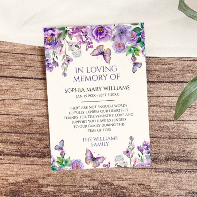 Purple Flowers Sympathy Memory Thank You Card (Creator Uploaded)